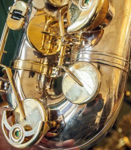 This saxophone has engravings of New York city scenes on the valves, including a skyline showing the Twin Towers. Dean Hare/Daily News.